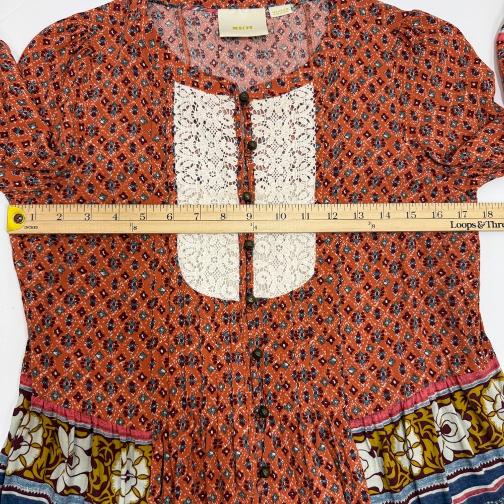 Maeve Anthropologie Mixed Print Blouse Sz 4 Orange Lace Bib Boho Ruffle Peasant - Picture 13 of 14